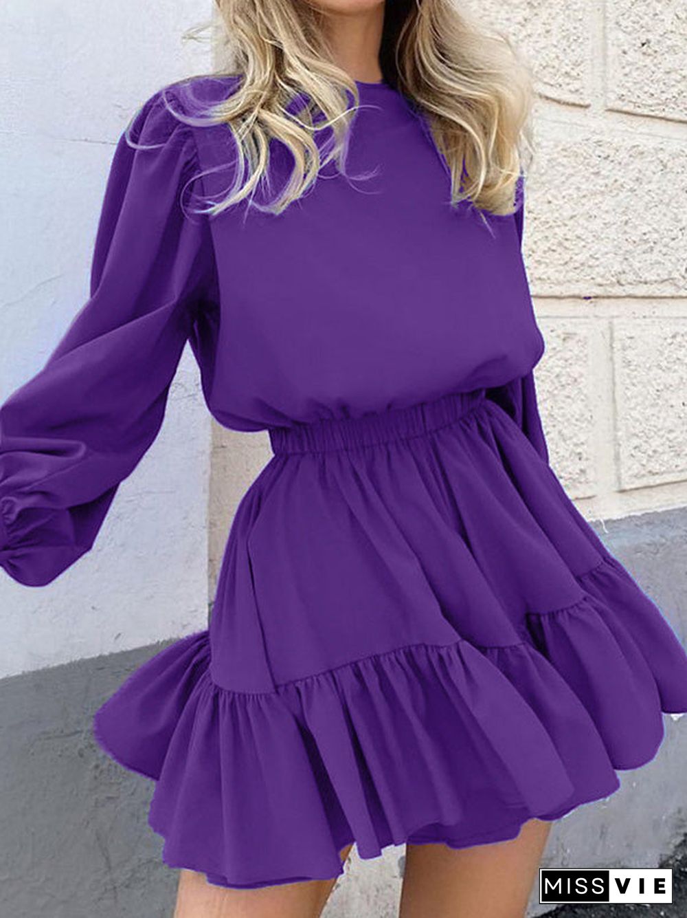 Women'S Dresses Solid High Waist Long Sleeve Mini Dress