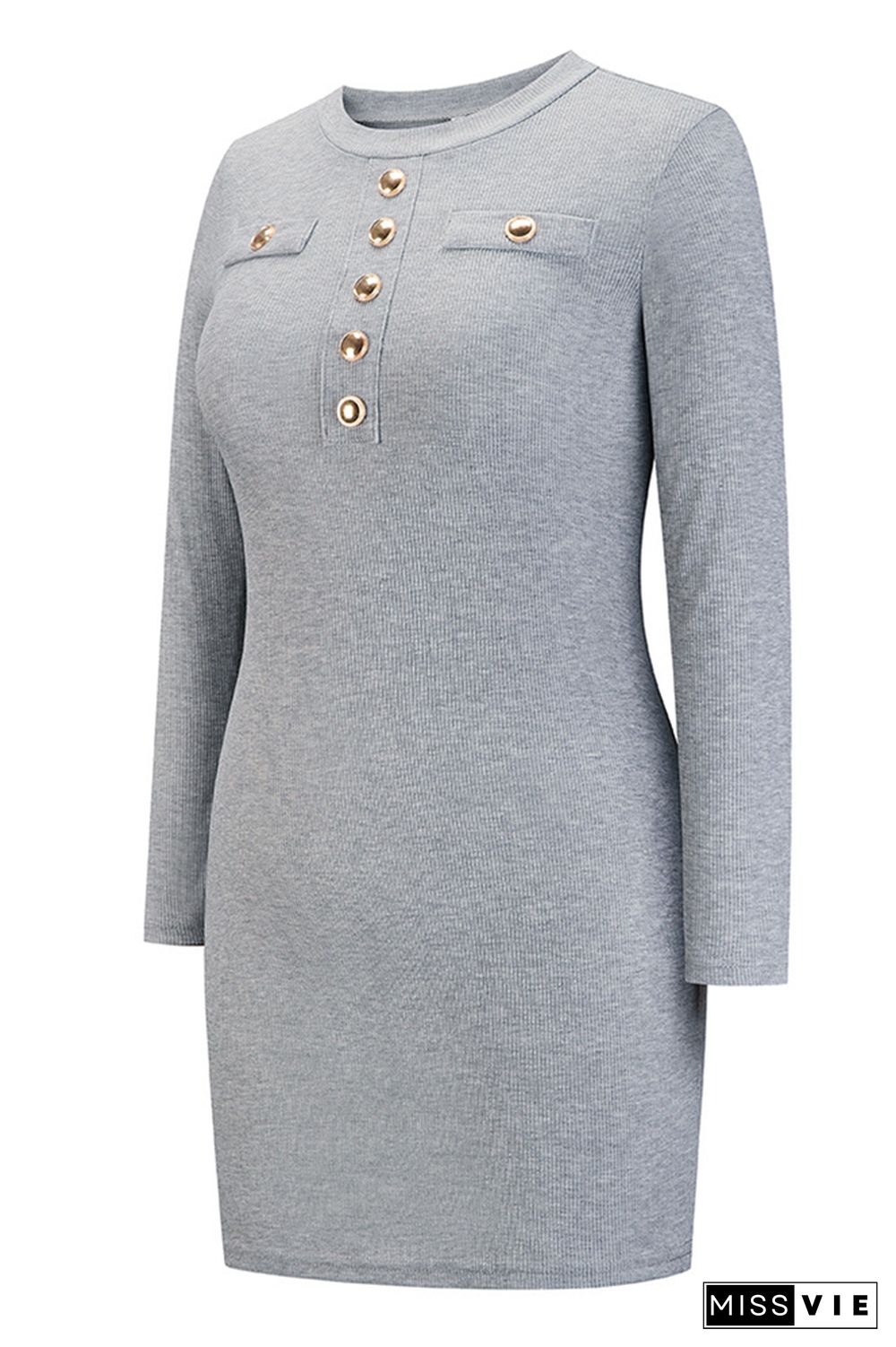 Button Rib Slim Fit Long Sleeves Dress