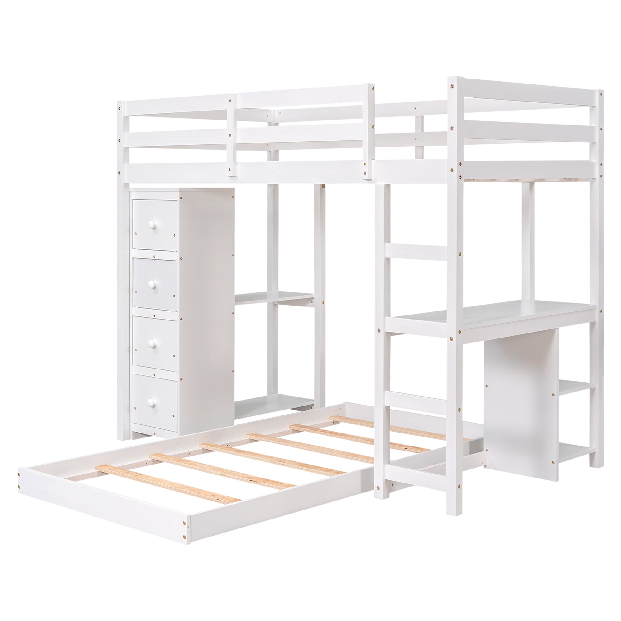 Euroco Twin over Twin Loft Bed with Drawers for Kids, White