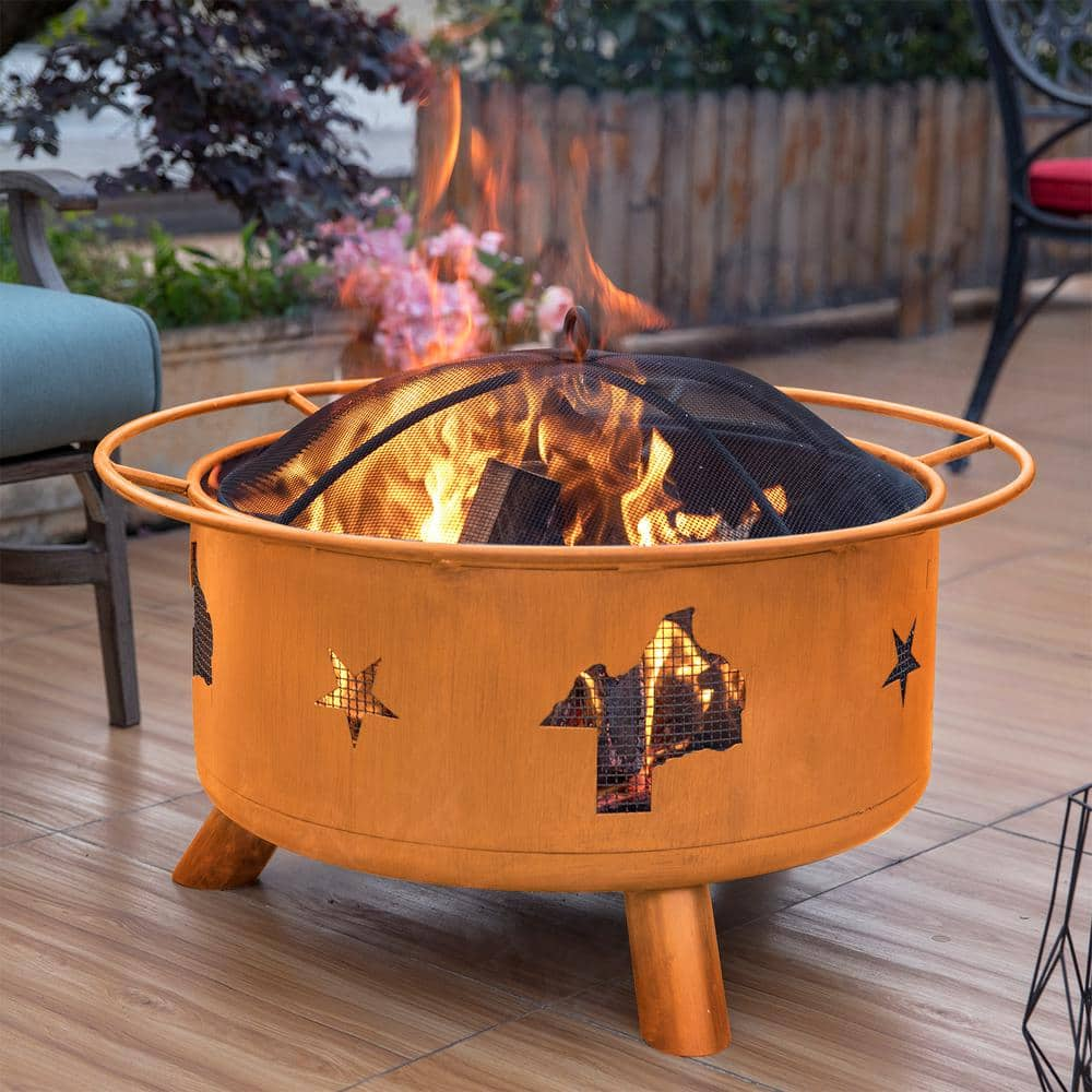 Nuu Garden 30 in. Steel Round Wood Burning Fire Pit with Poker/Cover/Cooking Grate in Orange AF009-OR