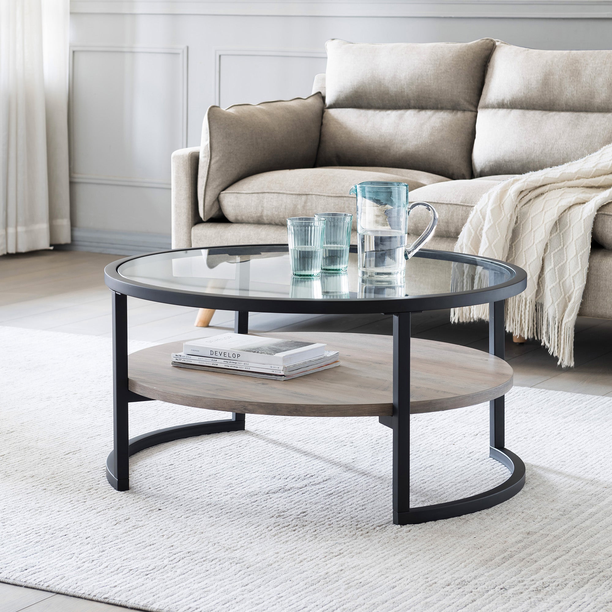 Evelyn&Zoe Modern Metal Round Coffee Table with Glass Top