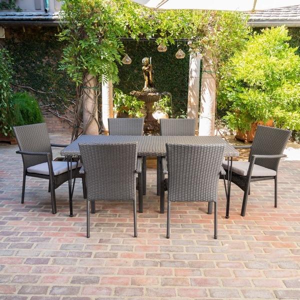 Luka Outdoor 7Piece Rectangle Wicker Dining Set with Cushions by Christopher Knight Home