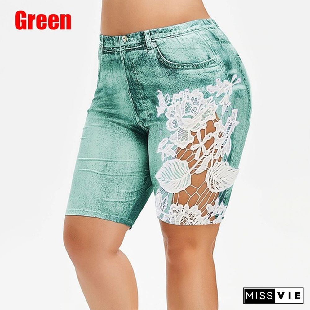 Women's Fashion Floral Print Skinny Jeans Short Lace Mesh Summer Shorts Fitted Leggings Knee Length Denim Pants Plus Size