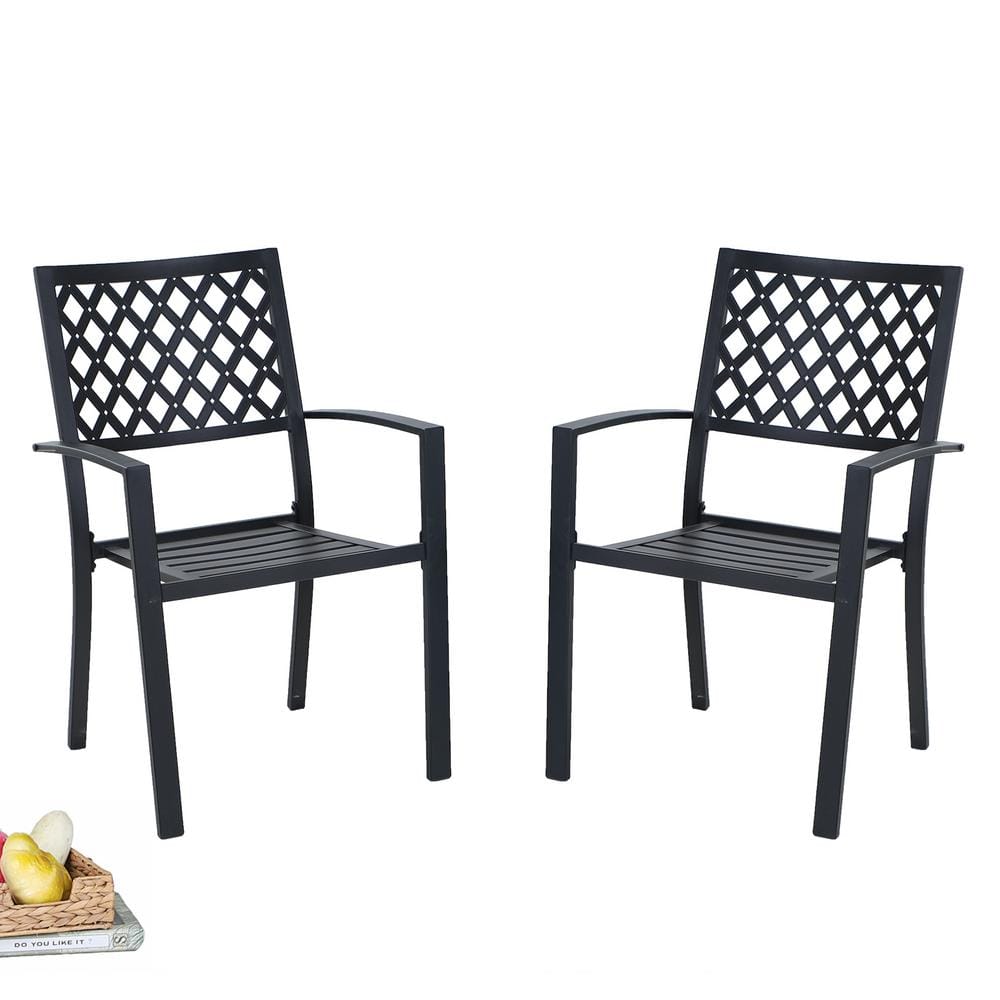 PHI VILLA Black Stackable Elegant Metal Patio Outdoor Dining Chair (2-Pack) THD-E02GF0701-059-01