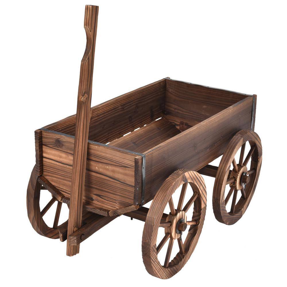 Costway Brown Wood Wagon Flower Outdoor Wood Plant Stand Pot Stand with Wheels OP3045