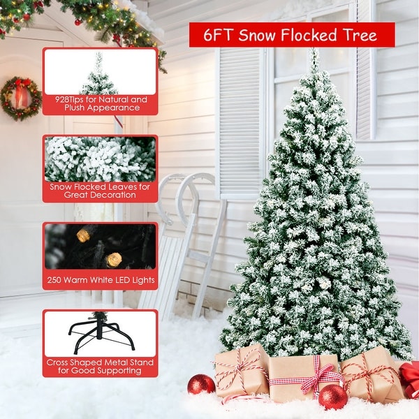 Gymax 6ft Prelit Snow Flocked Christmas Tree Hinged Pine Tree Holiday