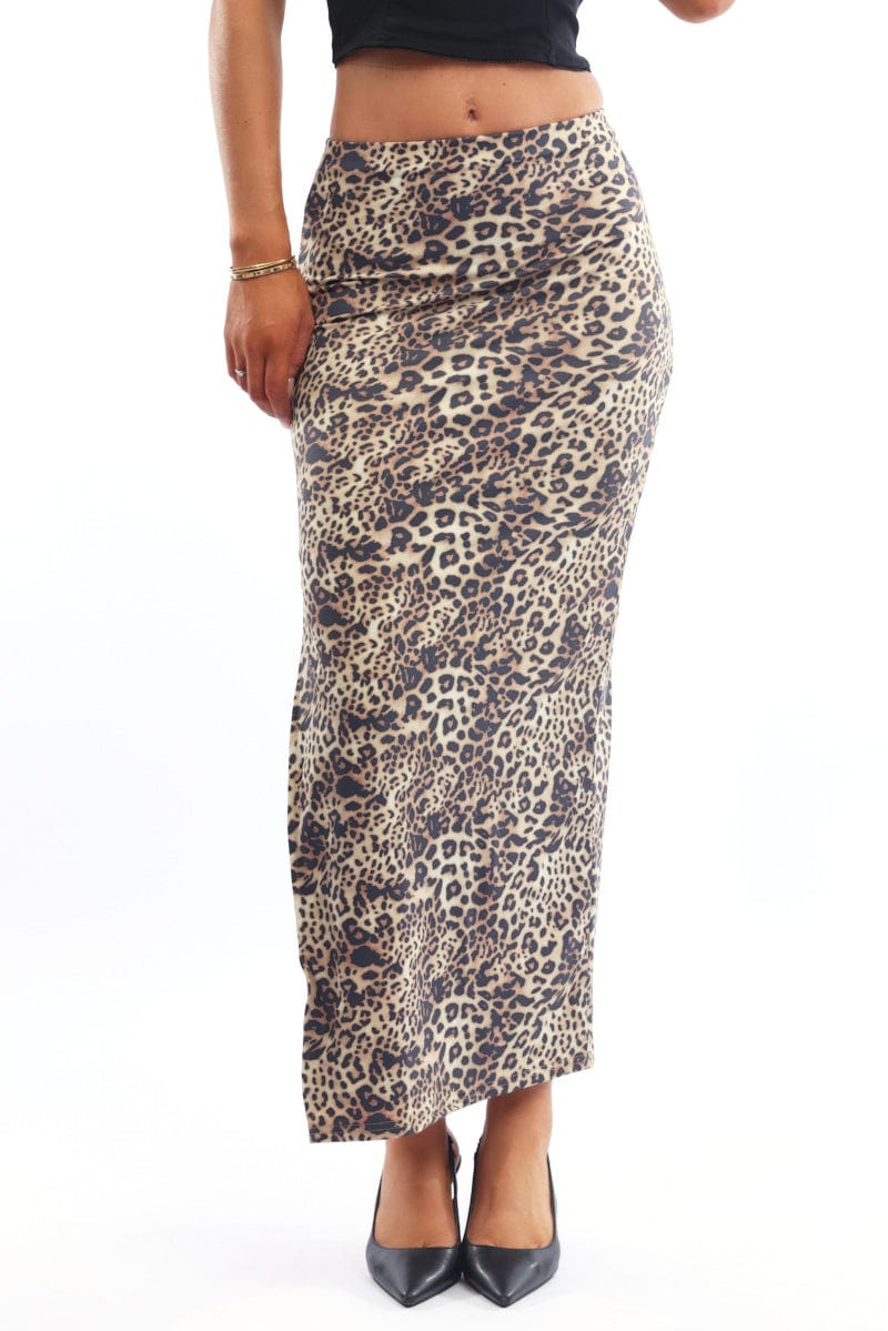 Brown Animal Print Leopard Maxi Skirt Side Split Lined Supersoft