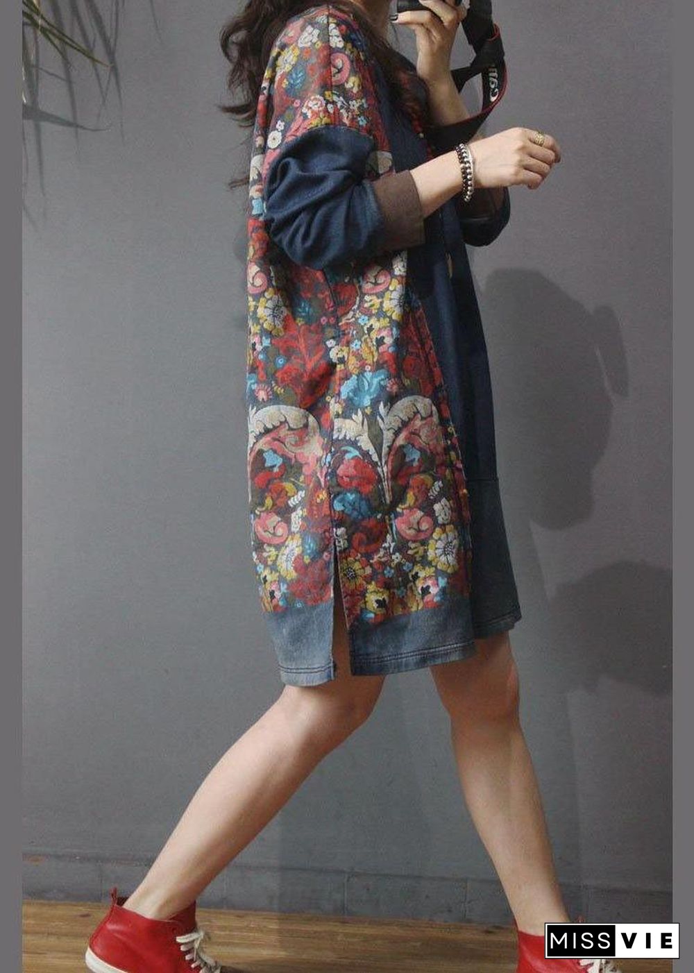 Women Denim Patchwork Cotton Dress Print Summer Long Dress