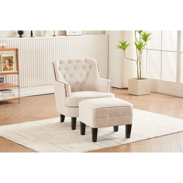 Button Tufted Accent Chairs with Ottoman Nailhead Line Fabric Upholstery Chair， Diamond Stitching ChairandOttoman Sets， Beige