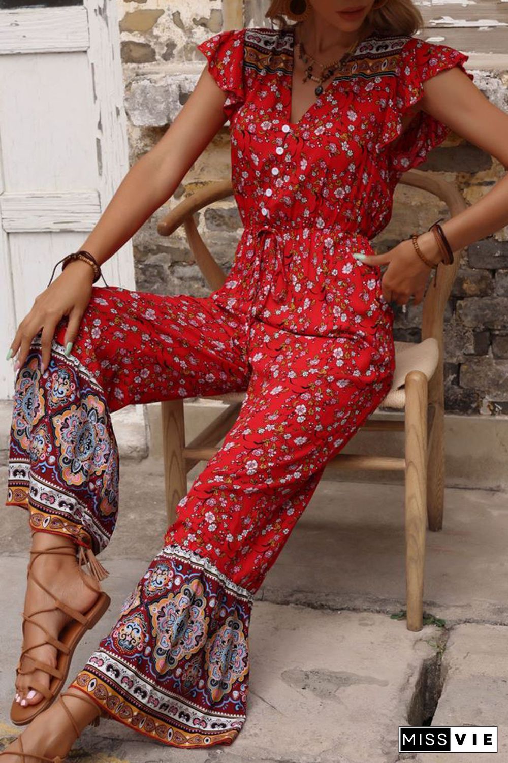 Red Flared Boho V Neck Ruffled Jumpsuit Wholesale