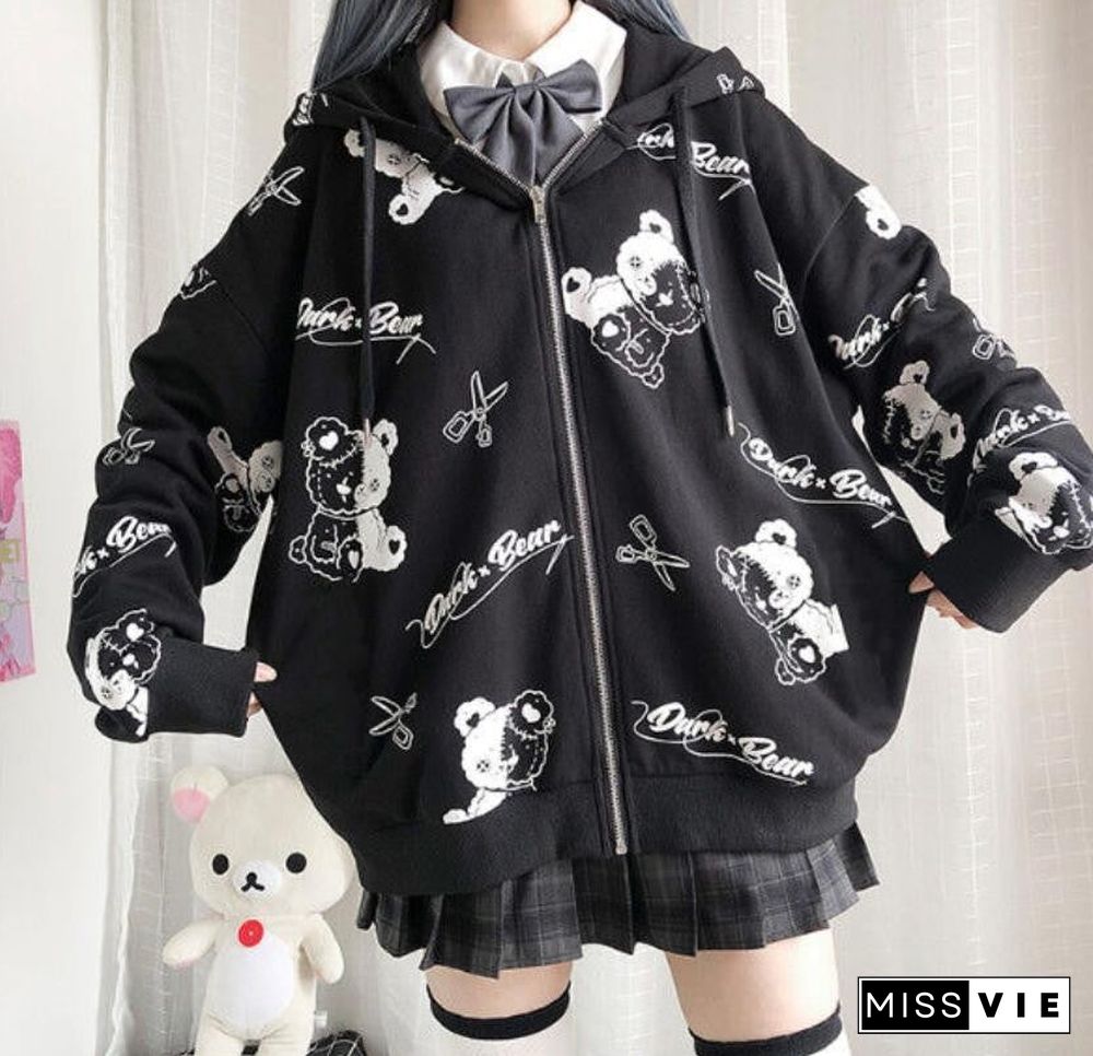 Spring Autumn Women Harajuku Zip Up Hoodies Oversized Loose Korean Version Sweatshirts Cute Kawaii Pocket Jacket Clothing Casual