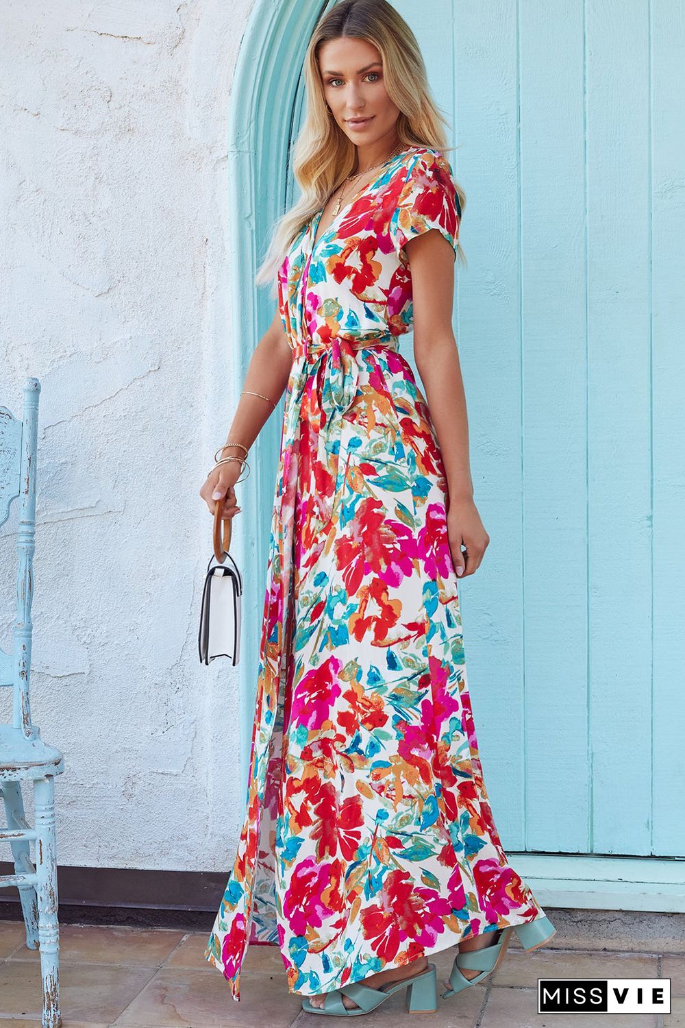 Rose Wrap V Neck Short Sleeve Floral Maxi Dress