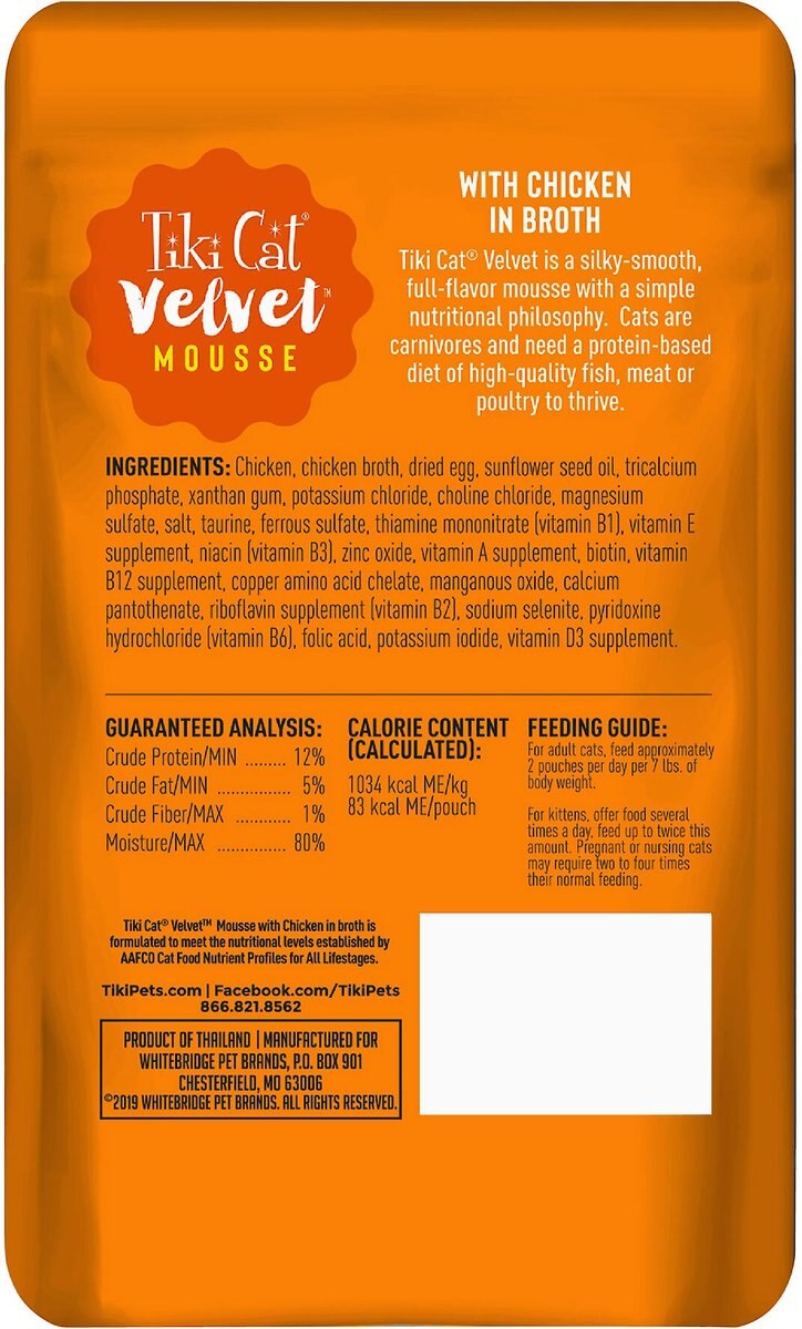 Tiki Cat Velvet Mousse Chicken Grain-Free Wet Cat Food， 2.8-oz pouch， case of 12