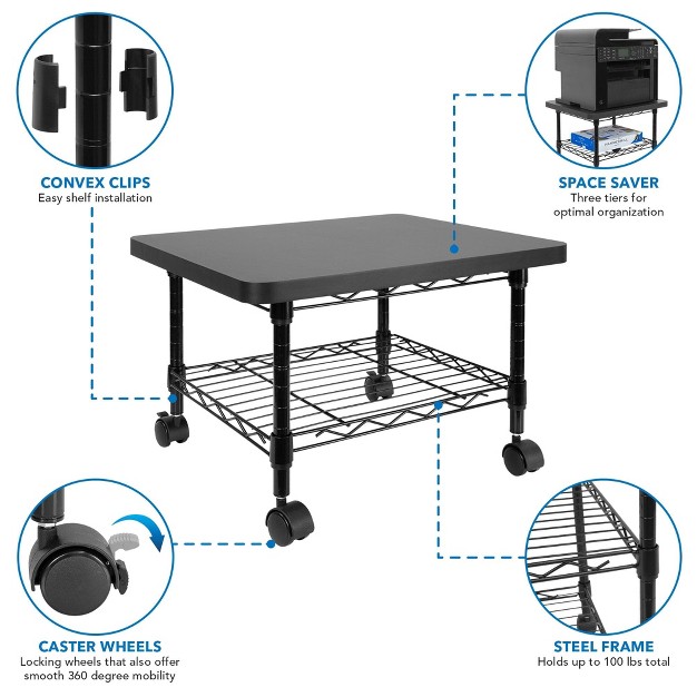 Mount it Under Desk Printer Stand With Wheels Mobile Printer And Fax Cart With Storage Shelf For Office And Home Use 2 Tiers Black