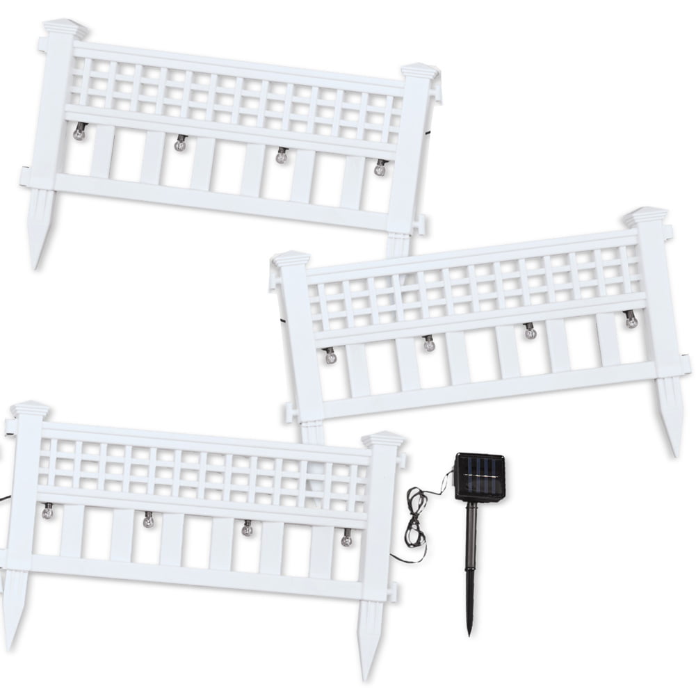 Collections Etc Solar Powered White Garden Border Fence, White - Set of 3 Panels - Edge your Garden or Pathway Stylishly - 23