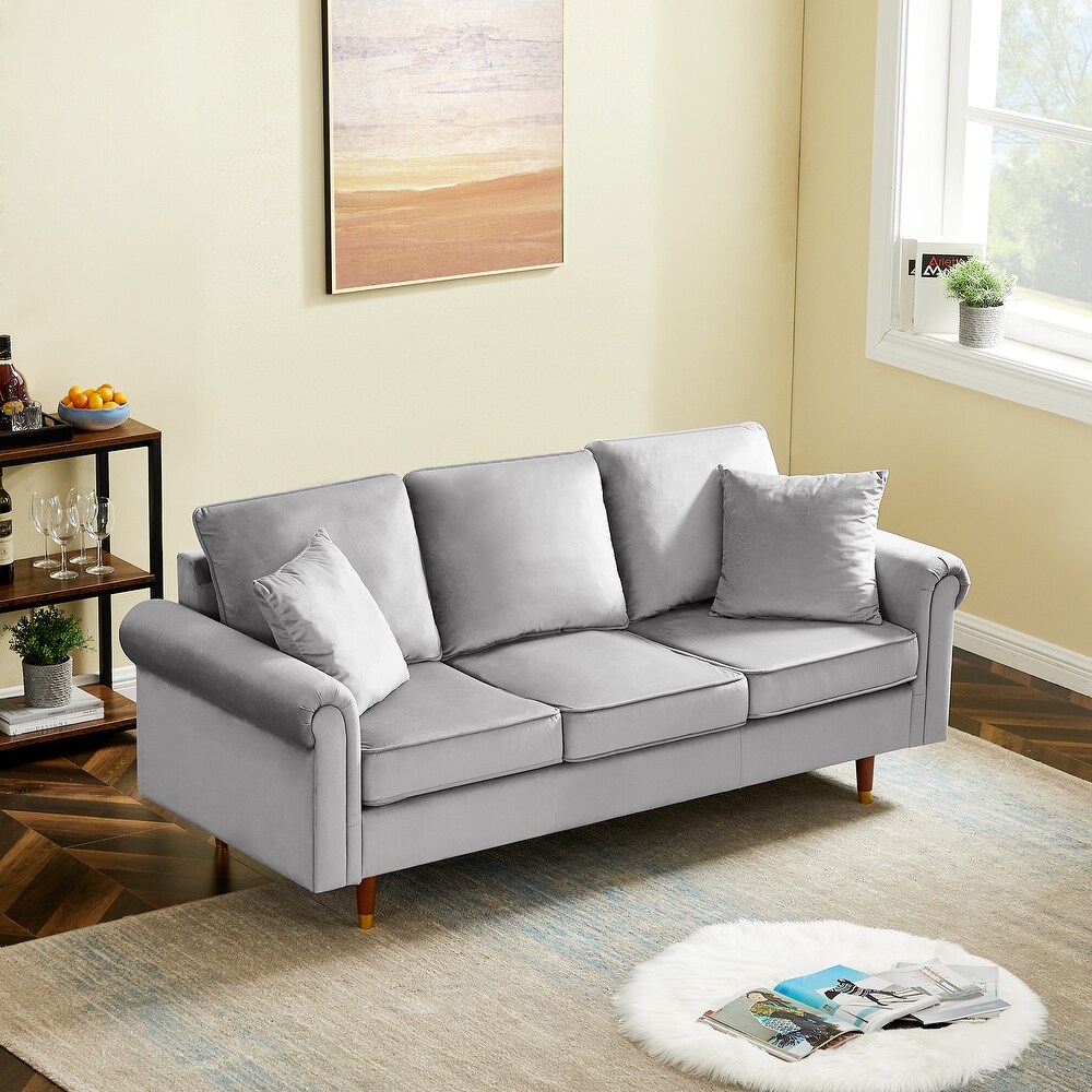 Velvet Sofa Couch with 2 Pillows  Modern 3 Seater Sofa With Wood Legs for Living Room and Bedroom .