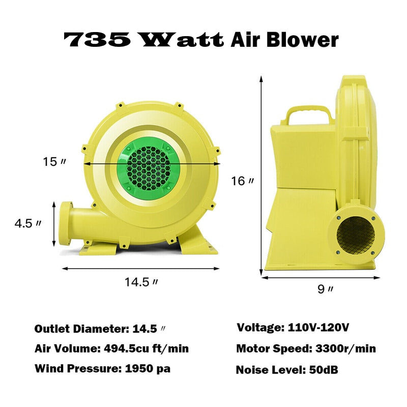 735 W 1.0 HP Air Blower for Inflatable Bounce House Bouncy Castle, Portable Pump Fan Commercial Inflatable Bouncer Blower