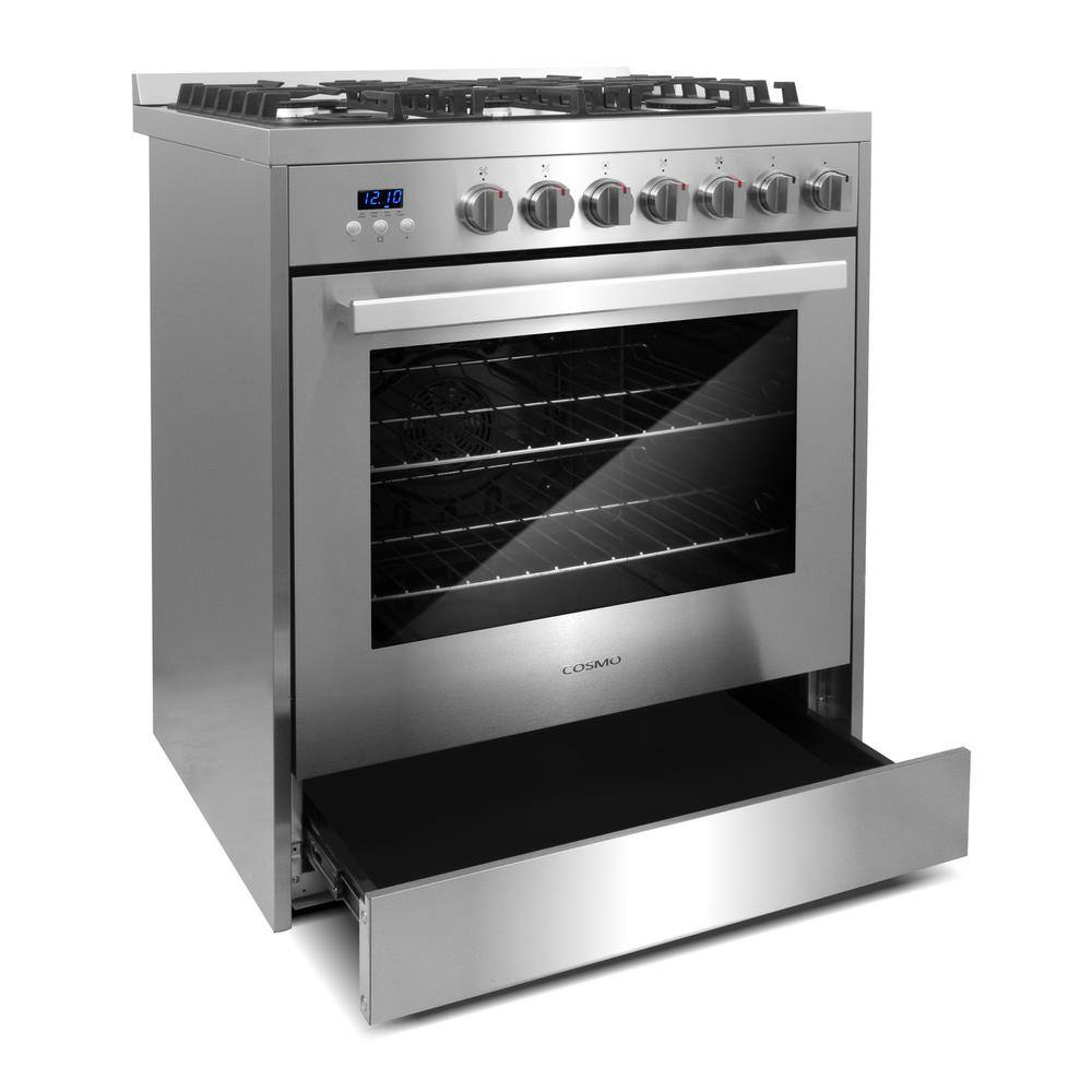 Cosmo 30 in. 5.0 cu. ft. Single Oven Gas Range with 5 Burner Cooktop and Heavy Duty Cast Iron Grates in Stainless Steel COS-305AGC