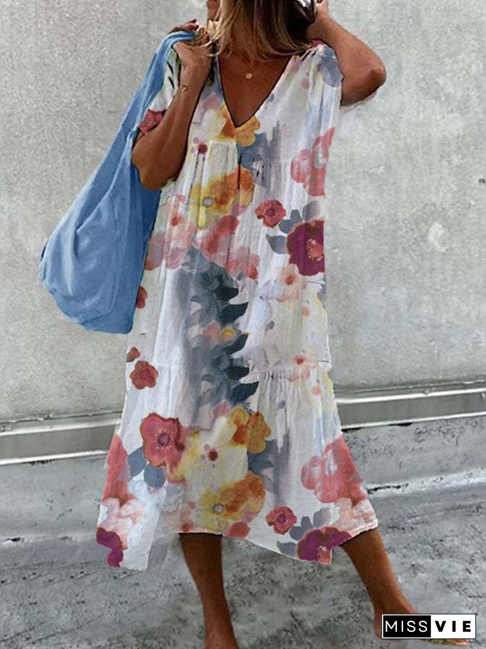 Women's Short Sleeve V-neck Floral Printed Maxi Dress