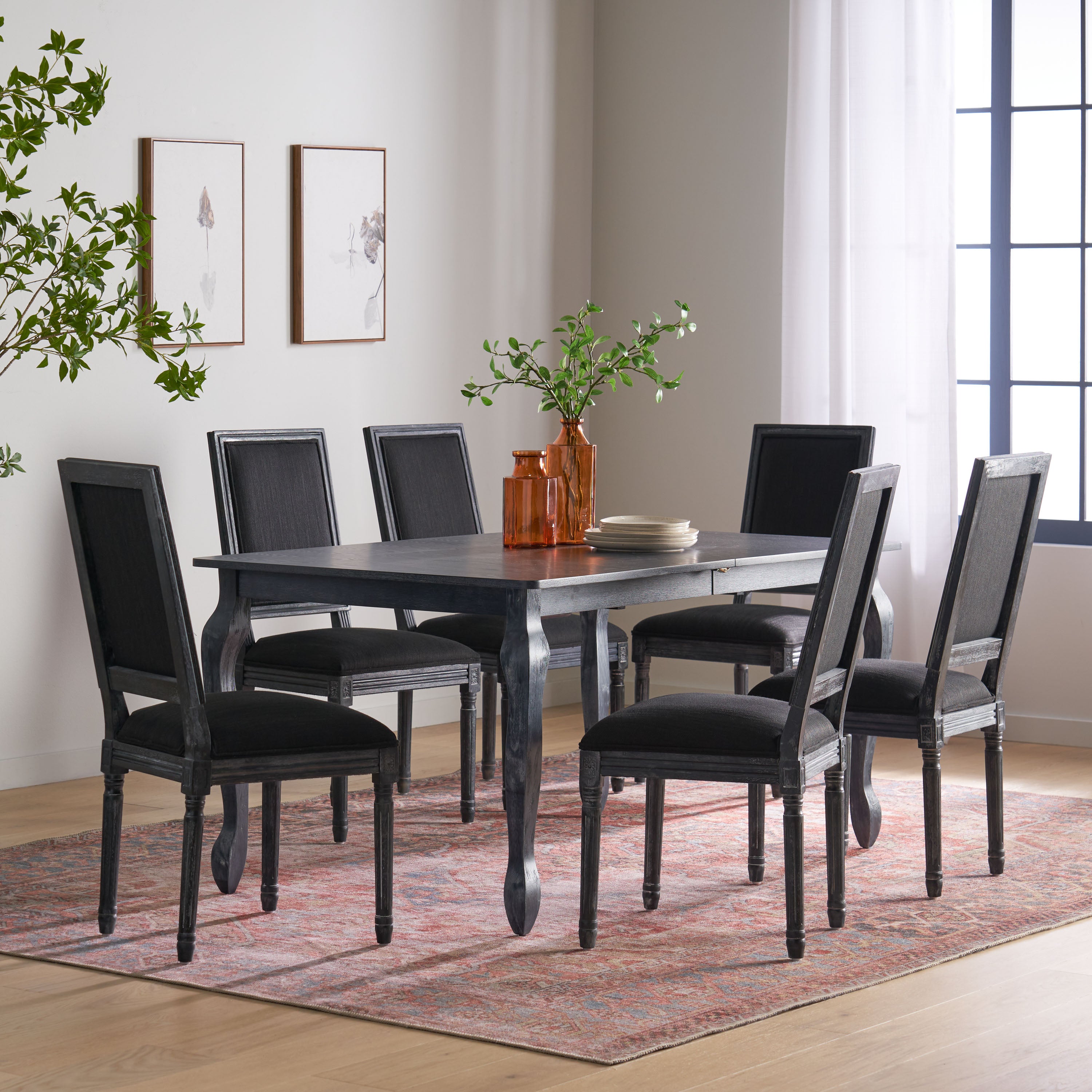 Fernleaf French Country Fabric Upholstered Wood Expandable 7 Piece Dining Set