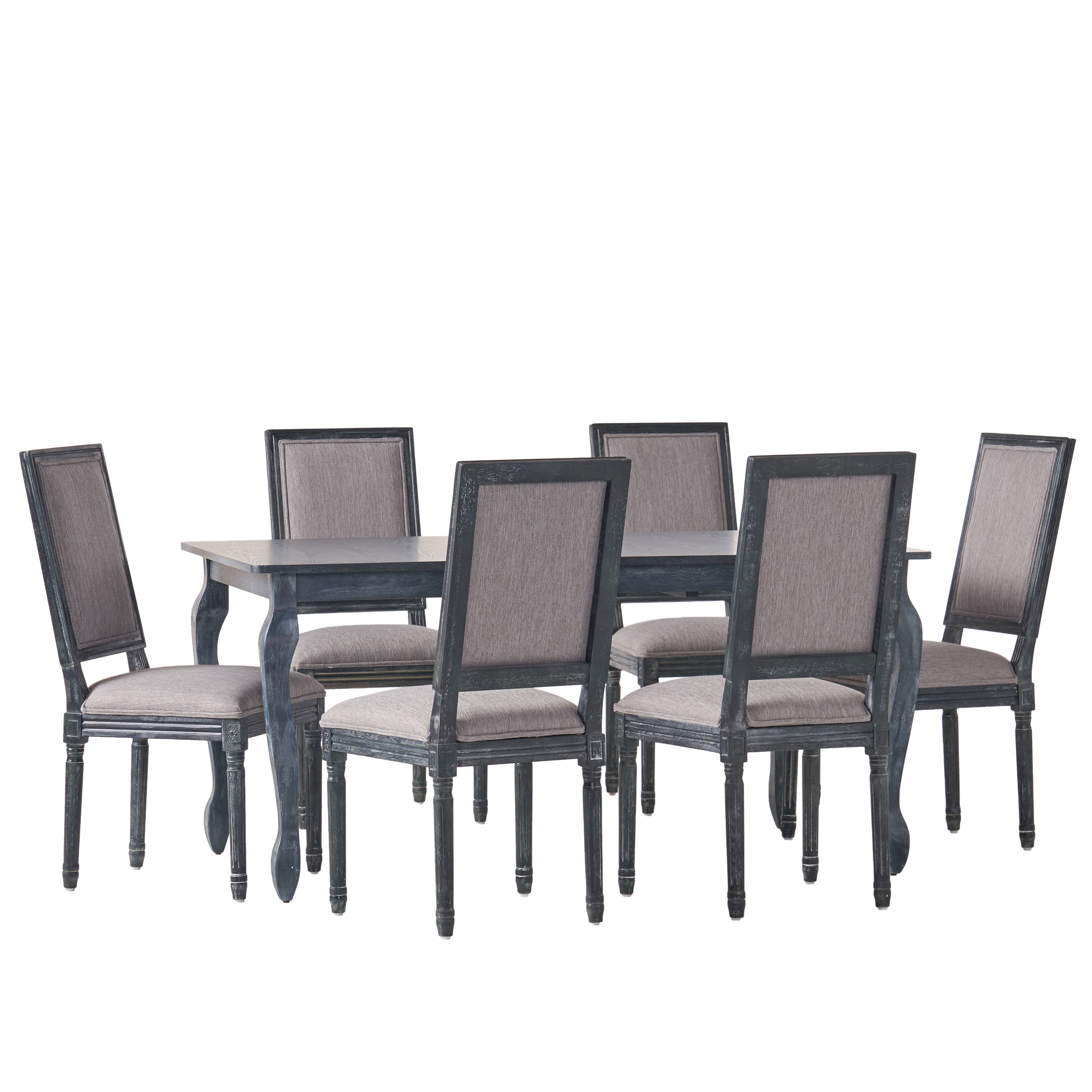 Fernleaf French Country Fabric Upholstered Wood Expandable 7 Piece Dining Set