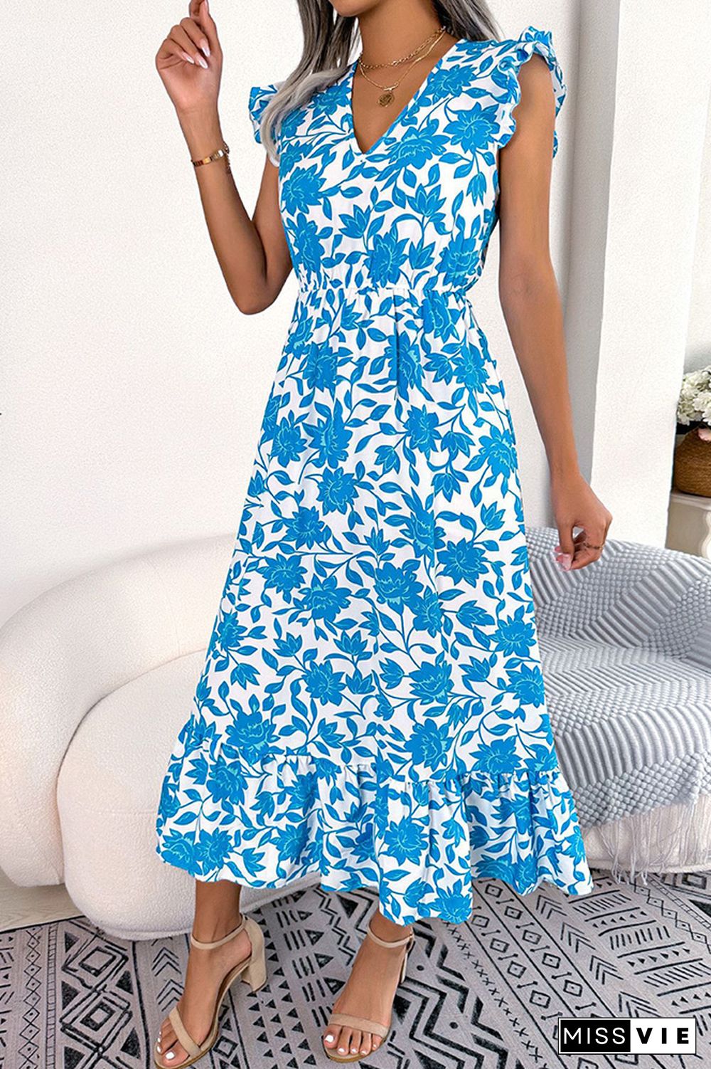 V Neck Flutter Sleeves Maxi Floral Dress