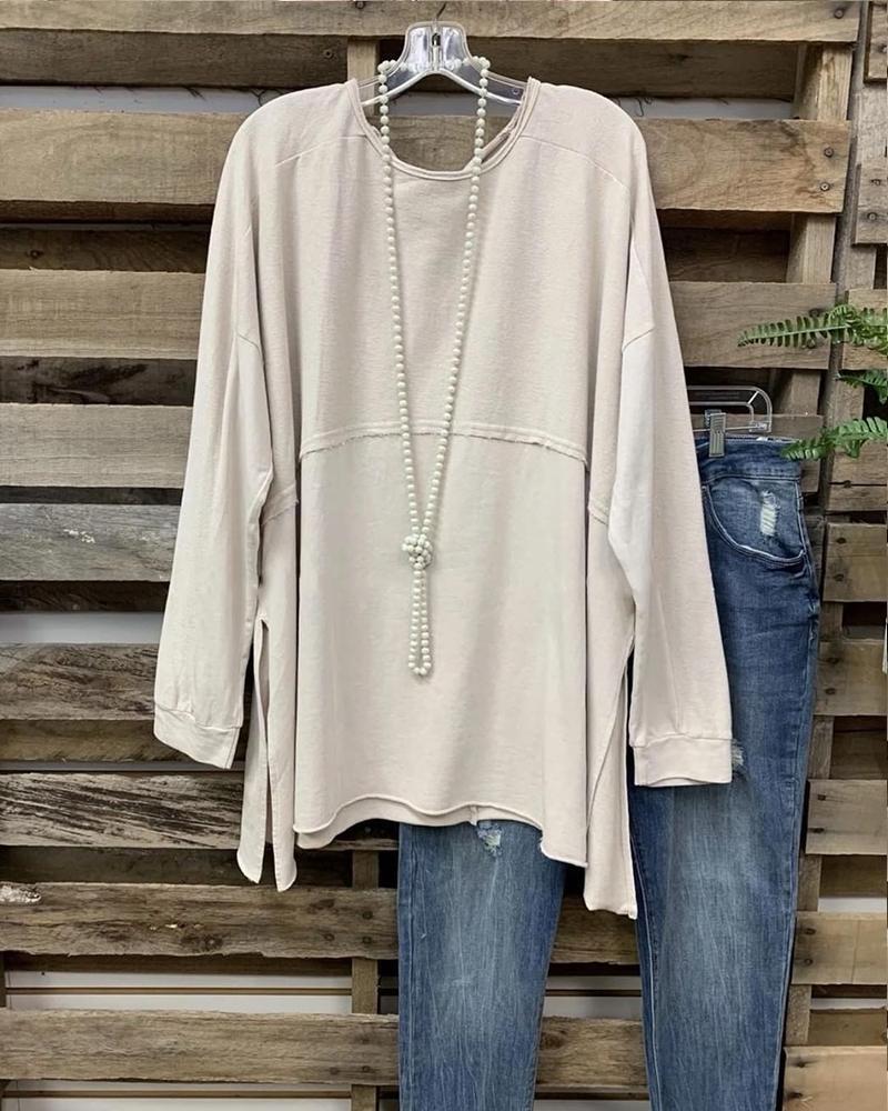 Women's Solid Color Long Sleeves Slit Side Casual Top