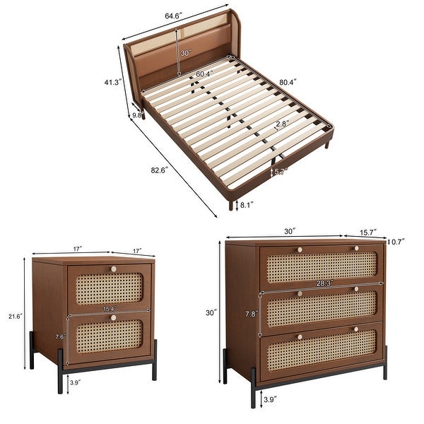 3 Pieces Set Rattan Wood Platform Queen Bed with Nightstand and Chest - - 37970665