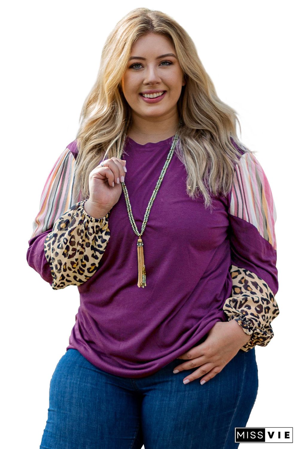 Purple Leopard Striped Color Block Plus Size Top