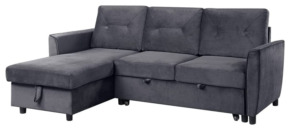 Sectional Sleeper Sofa  Grey Velvet Seat With Slightly Tufted Back Cushions   Transitional   Sleeper Sofas   by Decor Love  Houzz