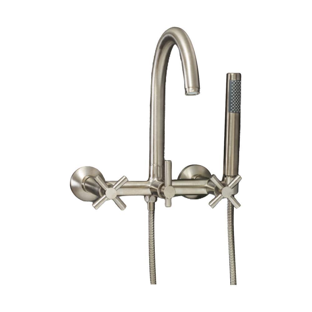 PELHAM  WHITE Modern 3-Handle Wall Mount Tub Faucet with Handshower and Hose Cross Handles in Brushed Nickel PW82411-C-BN