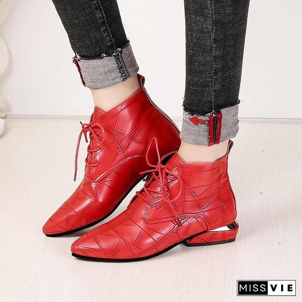 Pointed Toe Square Heel Women Boots Fashion High Heels Ankle Boots  Lace Up Leather Rubber Shoes