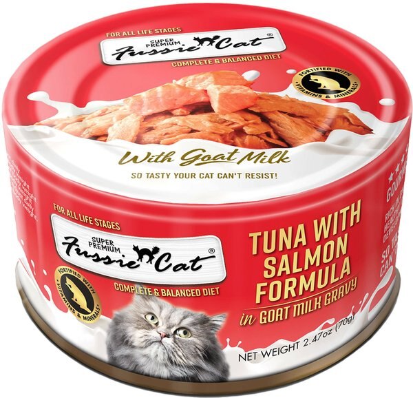 Fussie Cat Tuna with Salmon in Goats Milk Wet Cat Food， 2.47-oz can， case of 24