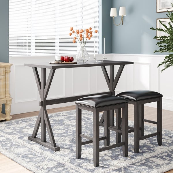 3-Piece Counter Height Wood Kitchen Dining Table Set with 2 Stools