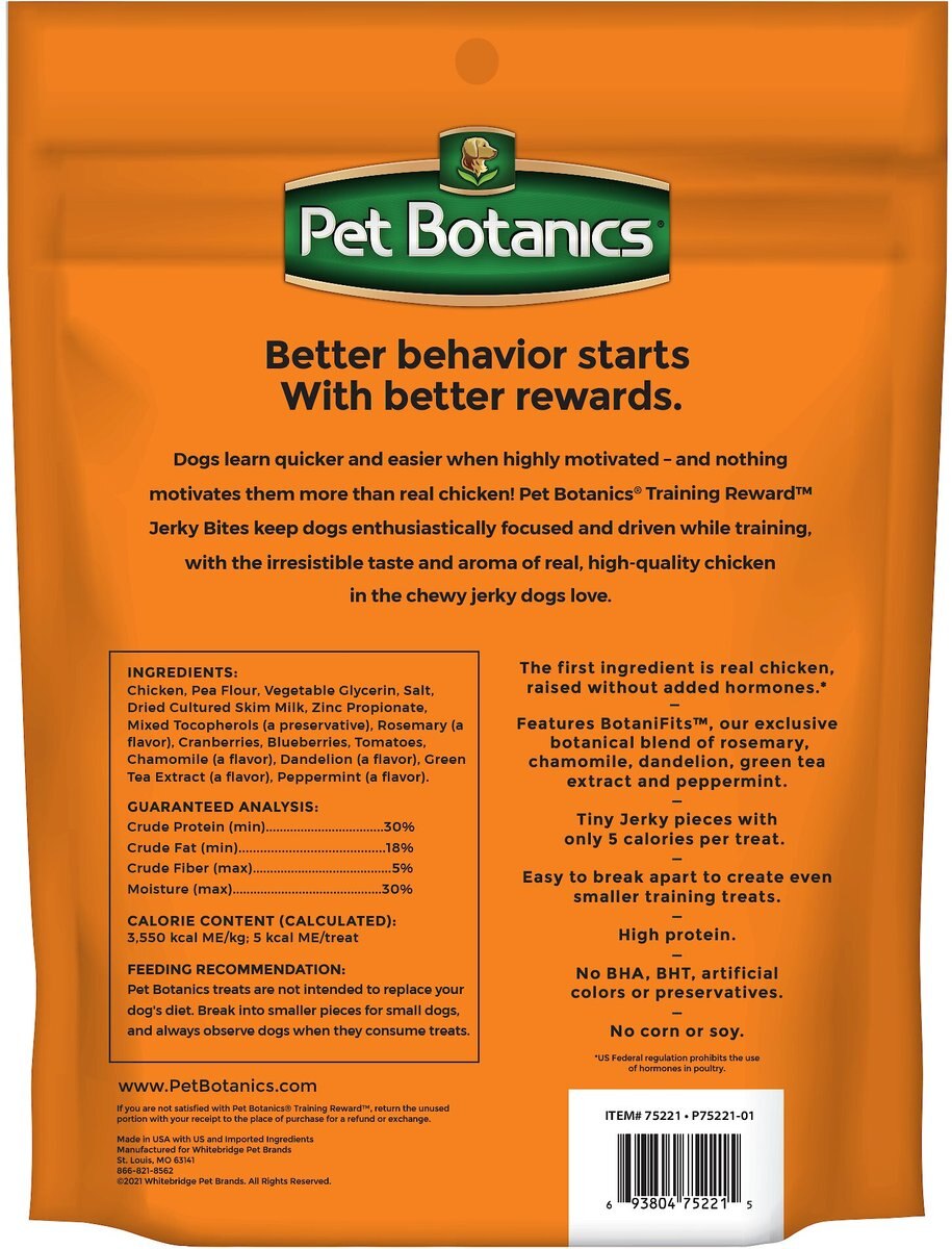 Pet Botanics Training Reward Chicken Jerky Bites Dog Treats， 12-oz bag