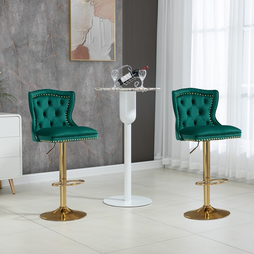 Velvet Upholstered Tufted Swivel Adjustable Height Bar Stools With Golden Footrest(set of 2)