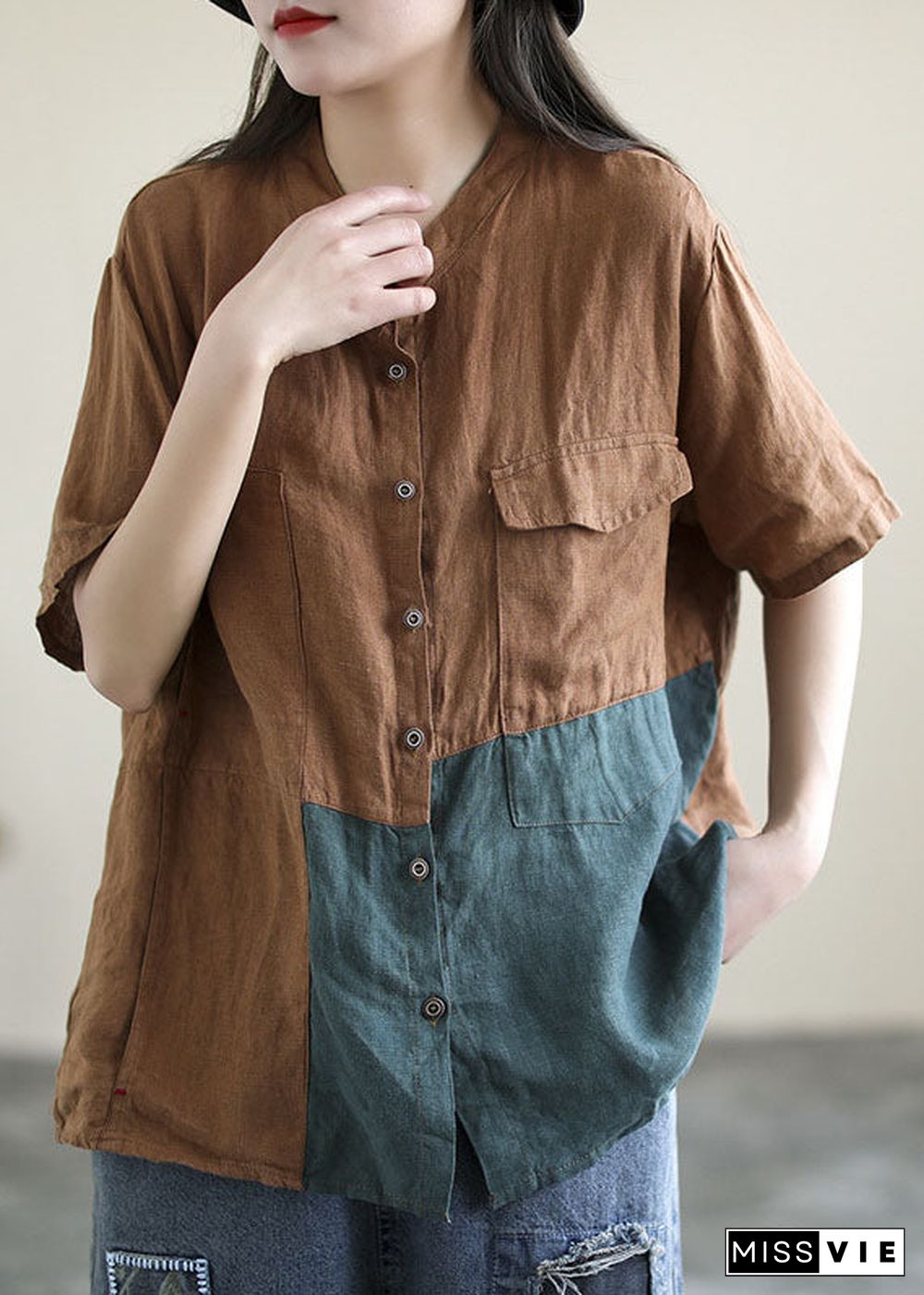 Handmade Chocolate Green Asymmetrical Patchwork Linen Shirt Tops Short Sleeve