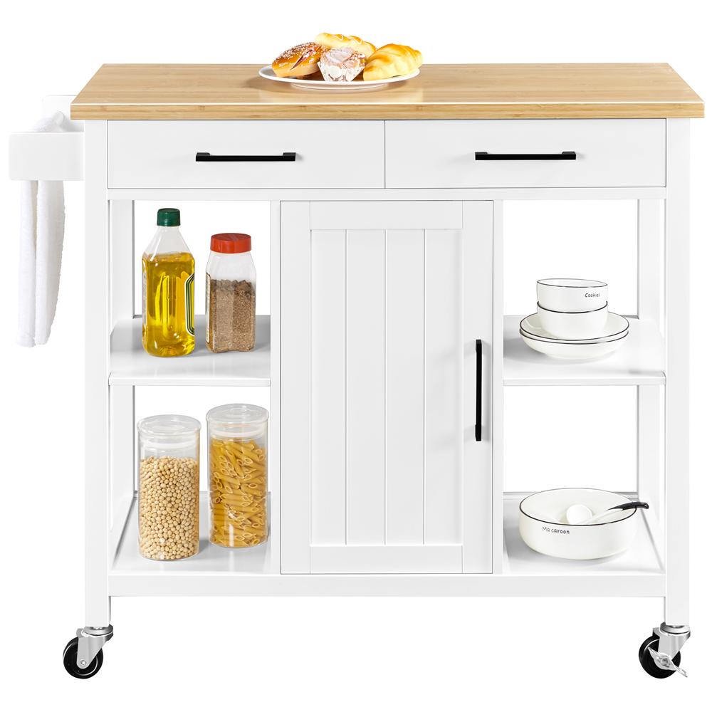 Easyfashion Mobile Kitchen Island Kitchen Cart on Lockable Wheels With Storage， White