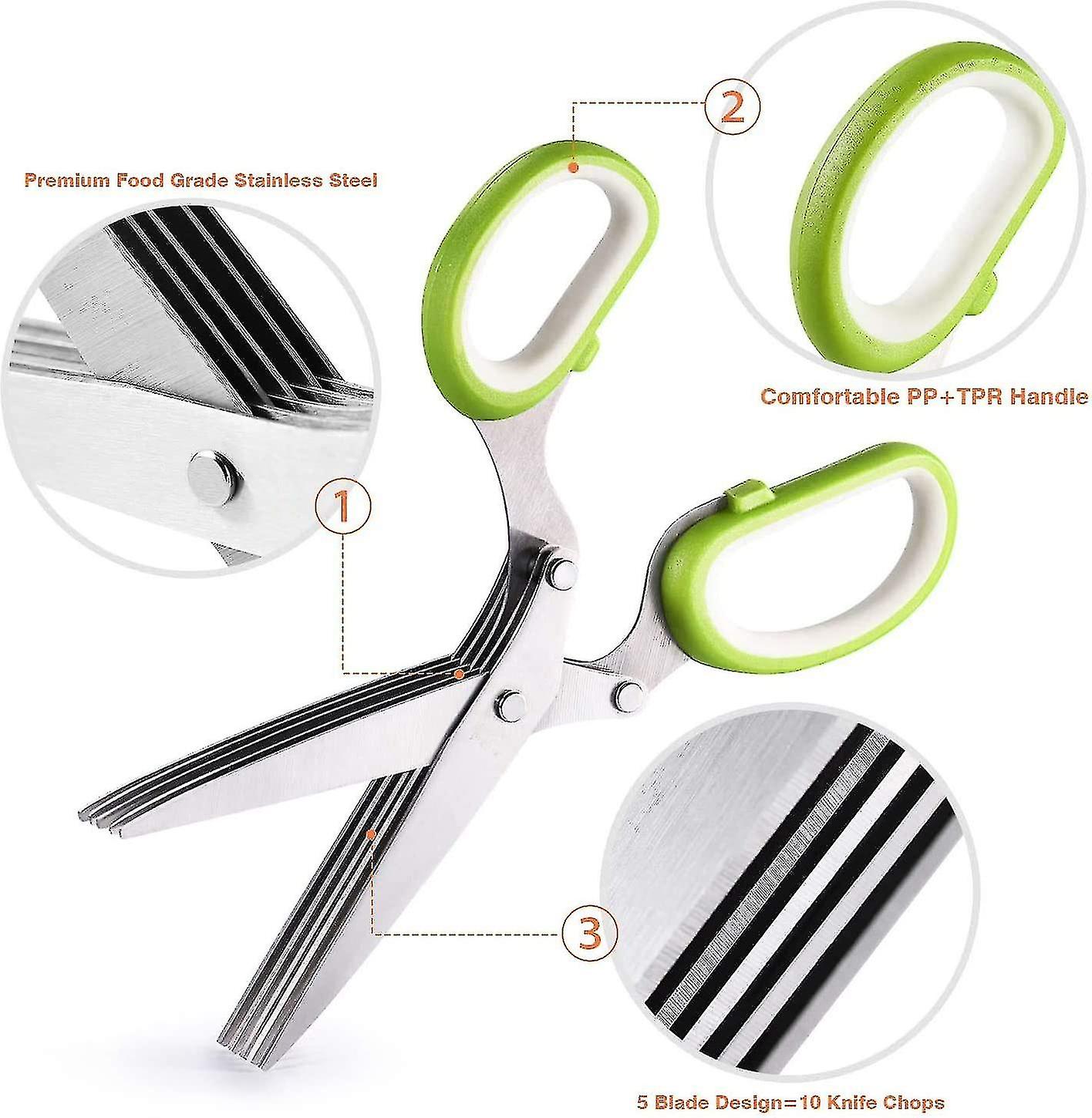 Kitchen Herb Scissors Stainless Steel Three Piece Kitchen Herb Scissors 5 Blade Multi-purpose Herb Scissors Cover With Cleaning Comb And Scribing Knif