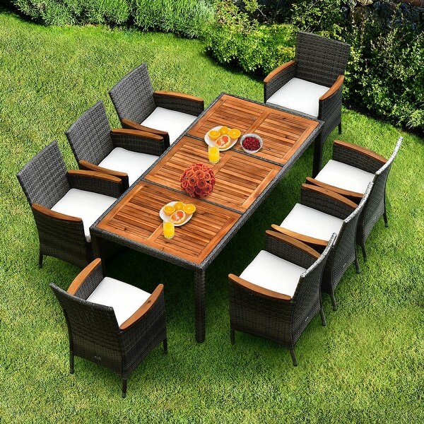 9 PCS Patio Rattan Dining Set Garde Wood and Wicker Furniture Set