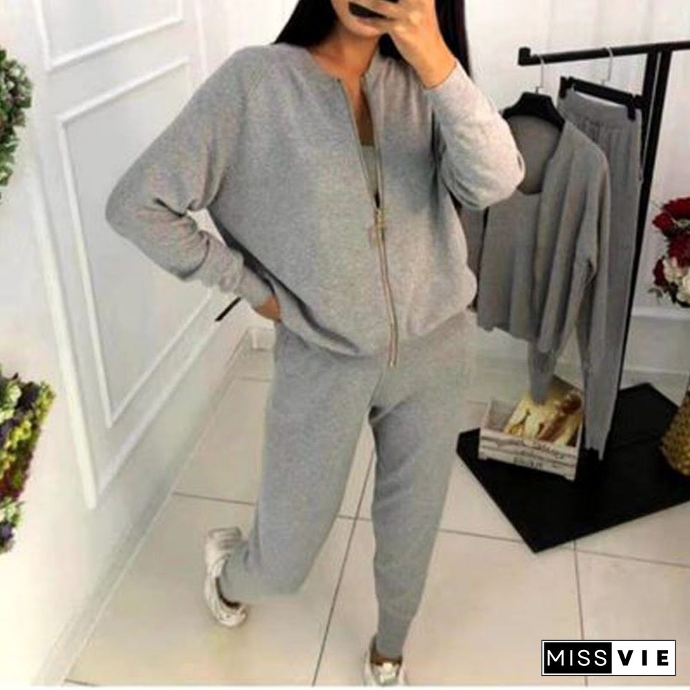 Autumn Winter Women Knitted Tracksuits 3Pcs Set Zipper Cardigans Sweaters+Elastic Pants Suit+Vest Female Casual Trouser Outfits