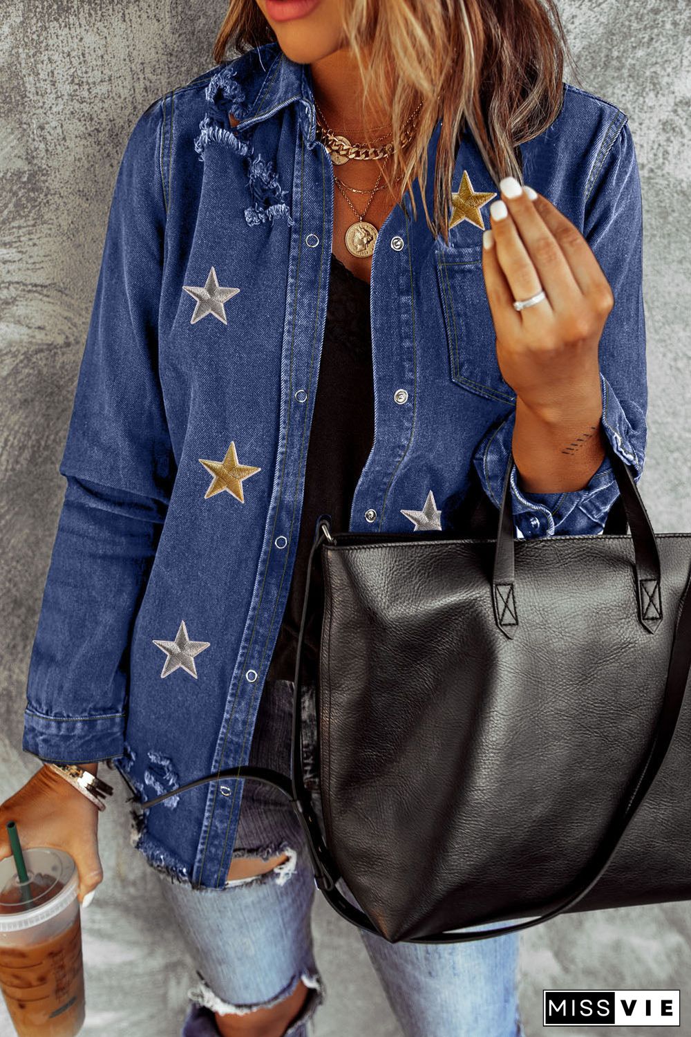 Blue Star Embroidery Distressed Denim Jacket