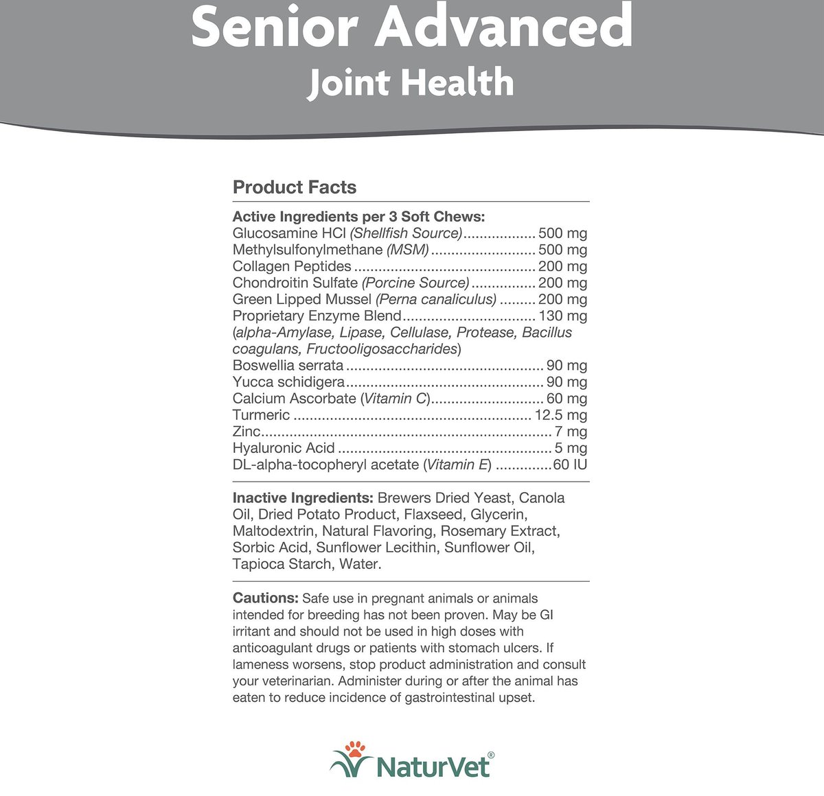 NaturVet Senior Advanced Joint Health Glucosamine， MSM， Chondroition and Collagen Dog Supplement