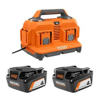 RIDGID 18V 6-Port Sequential Charger with 4.0 Ah Lithium-Ion Battery (2-Pack) AC86096-AC87004P