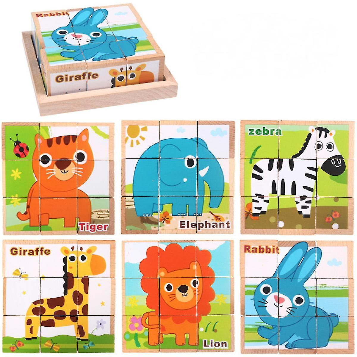 Wooden Blocks Cube Puzzles For Kids - Wooden Cube Jigsaw Puzzles 9 Wooden Cubes Blocks 6 Wild Animals Pictures In A Wooden Box