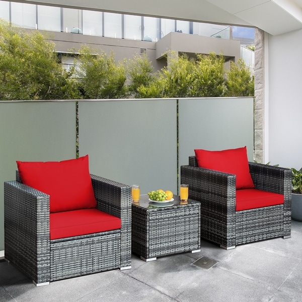 Gymax 3PCS Rattan Patio Conversation Furniture Set Outdoor Yard w/ Red