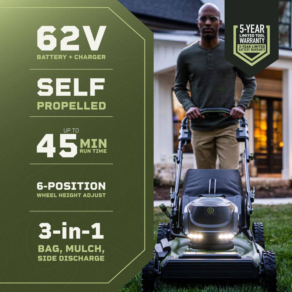 Green Machine 62V Brushless 22 in. Electric Cordless Battery Self- Propelled Lawn Mower with 2 4.0 Ah Batteries and Charger GMSM6200