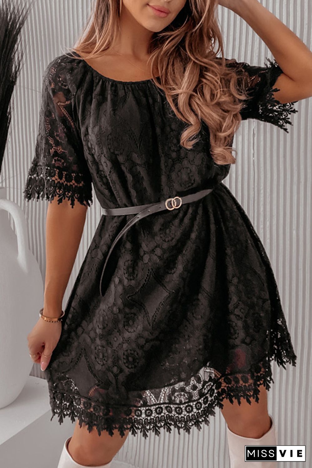 Black Round Neck Short Sleeve Loose Lace Dress