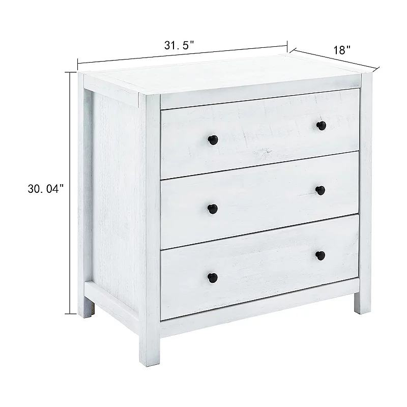 MUSEHOMEINC Rustic Solid Wood 3 Drawer Storage Dresser Nightstand， White Washed