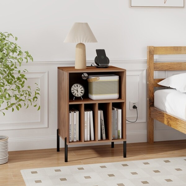 Record Player Stand with Record Storage Shelf and Charging Station